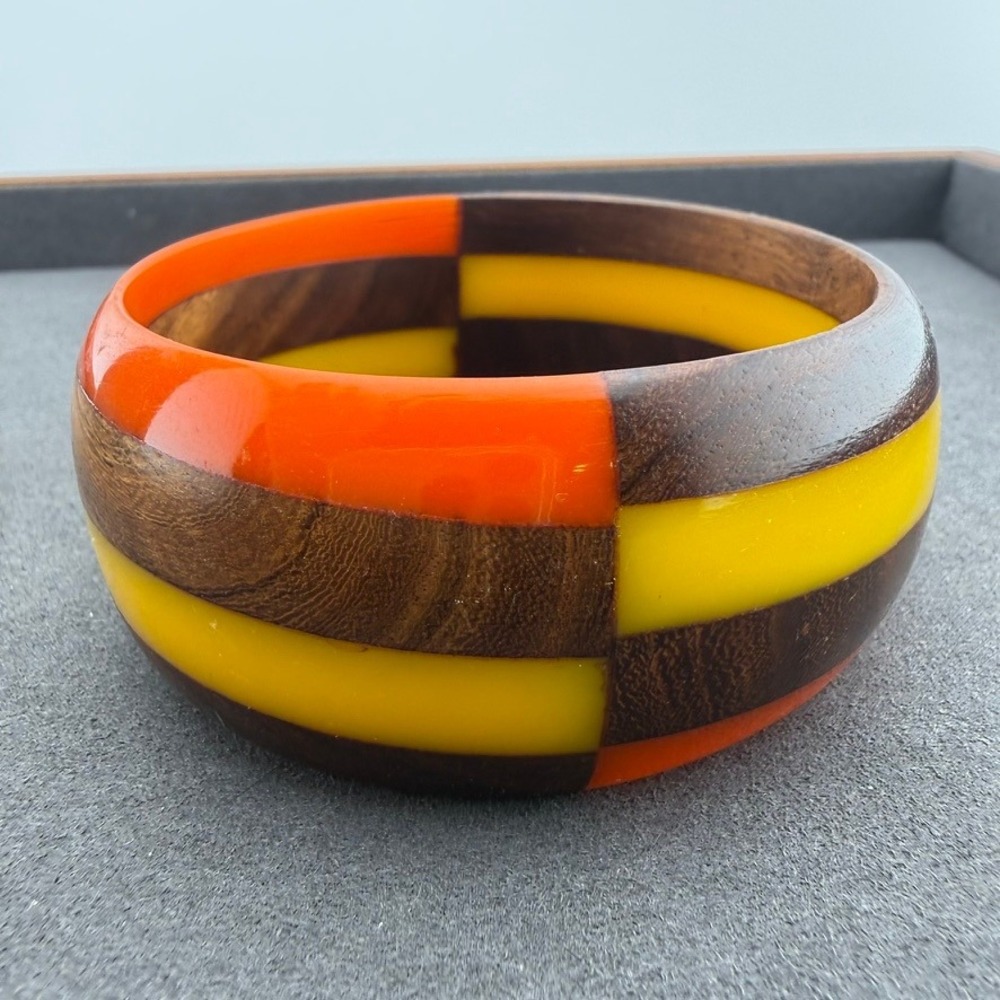 Wood Resin Bangle Bracelet Striped Orange Yellow Chunky Dome Inlay Mixed Media